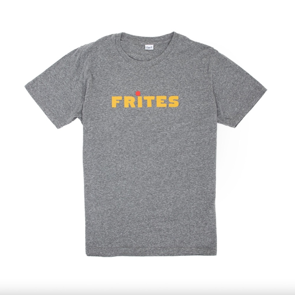 Clare V Gray Tee with Yellow FRITES Logo and Red Dot